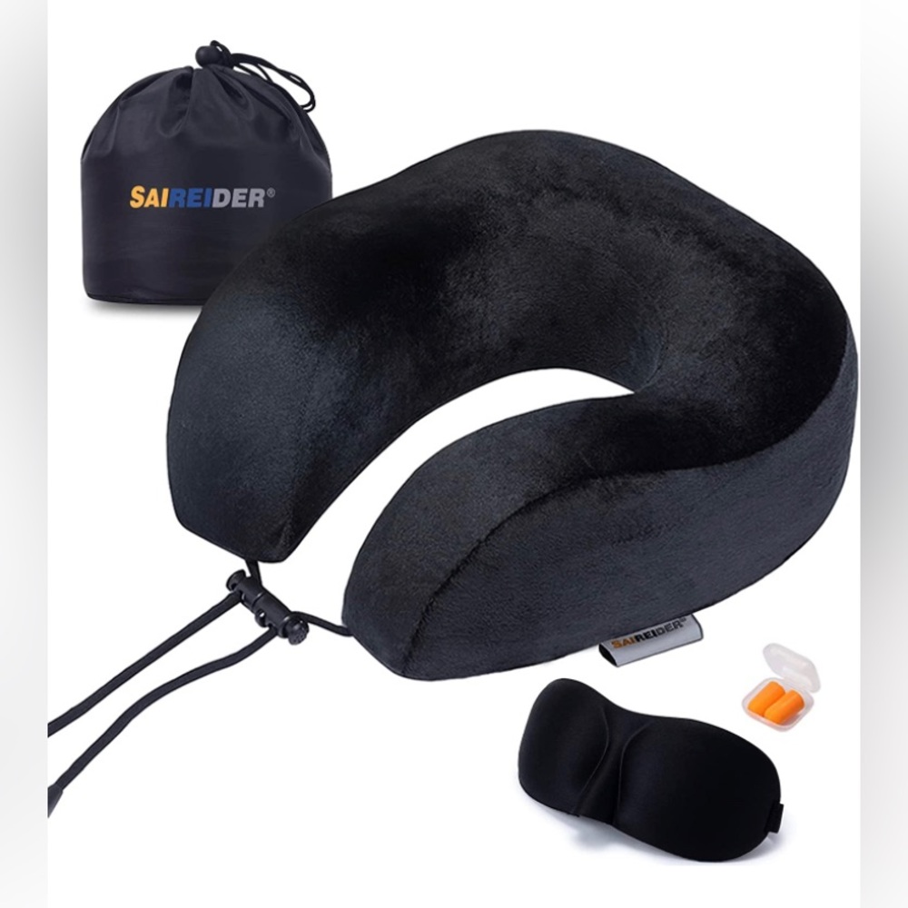 Saireider Black Memory Foam Neck Pillow w/ Eye Mask & Earplugs